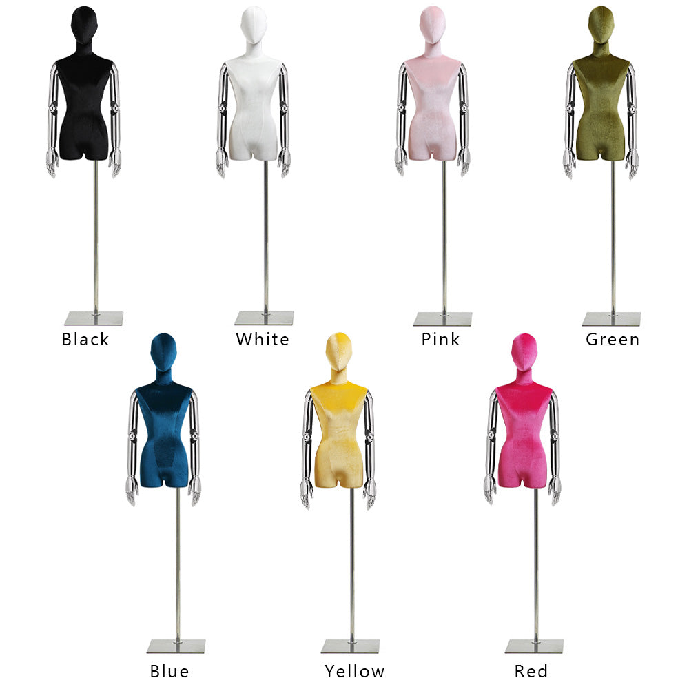 Jelimate Clothing Store Female Dress Form Half Body Mannequin With Silver Gold Hand Colorful Velvet Dress Form Torso Wig Head Window Mannequin For Clothes Display