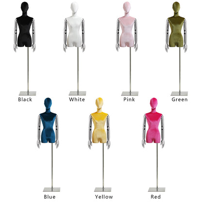 Jelimate Clothing Store Female Dress Form Half Body Mannequin With Silver Gold Hand Colorful Velvet Dress Form Torso Wig Head Window Mannequin For Clothes Display