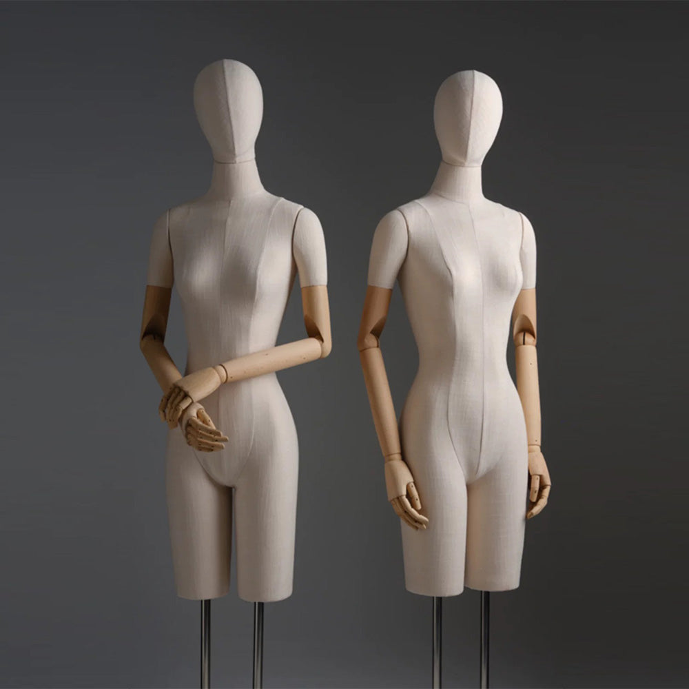 Jelimate Torso di manichino da esposizione per donna di lusso con coscia corta, torso in lino di bambù, modello di esposizione di abbigliamento, parrucca, testa, manichino, braccia in legno