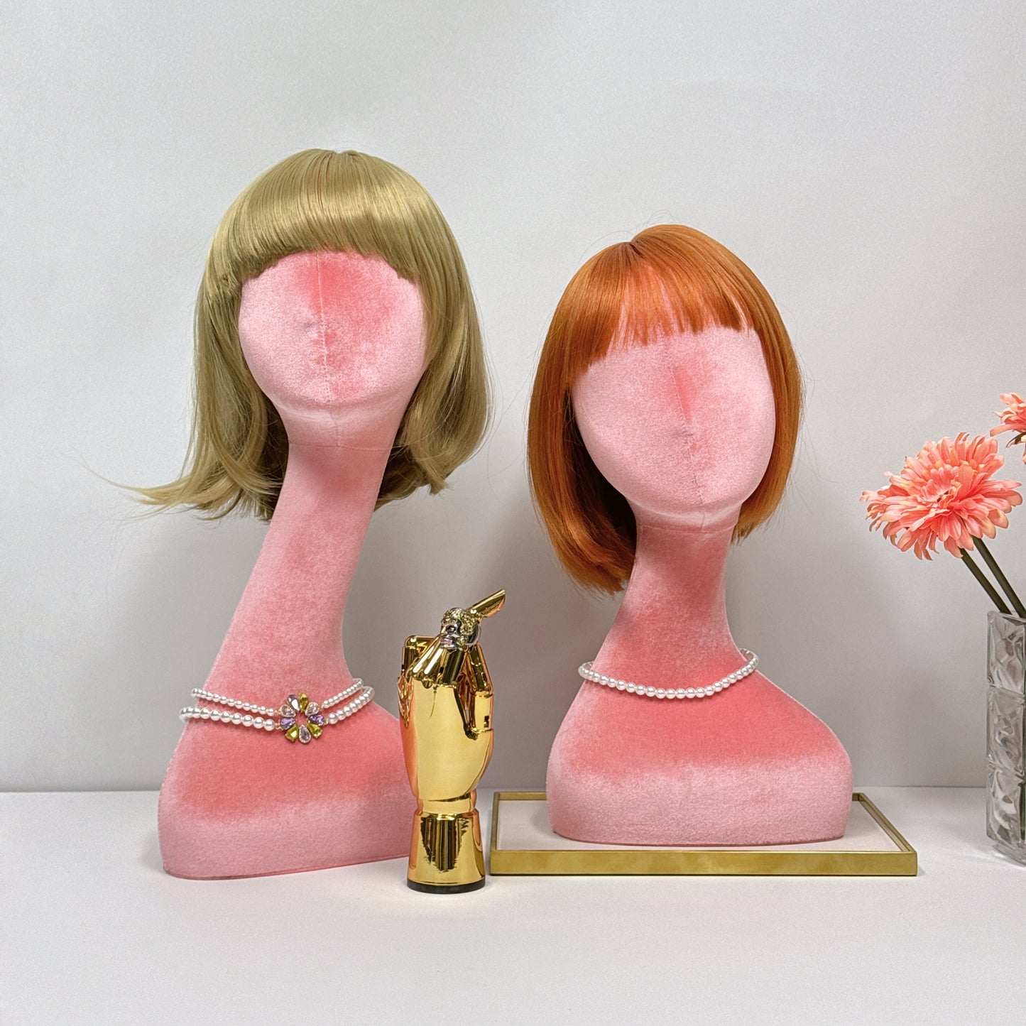 JELIMATE Female Mannequin Head Dress Form,Long Neck Velvet Mannikin Head for Wig Hat Jewelry Display Holder,Pink Mannequin Head Model for Window Display Props Headphone Sunglasses Display Stand