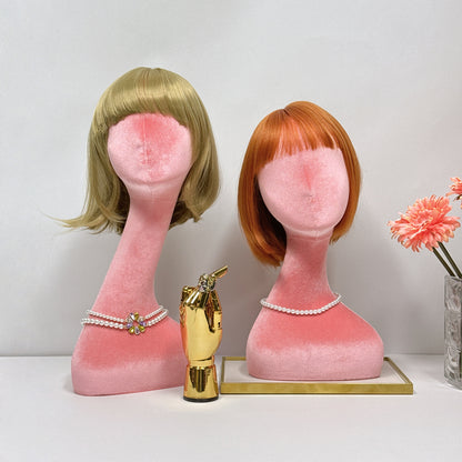 JELIMATE Female Mannequin Head Dress Form,Long Neck Velvet Mannikin Head for Wig Hat Jewelry Display Holder,Pink Mannequin Head Model for Window Display Props Headphone Sunglasses Display Stand