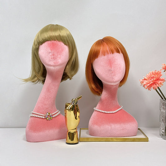 JELIMATE Female Mannequin Head Dress Form,Long Neck Velvet Mannikin Head for Wig Hat Jewelry Display Holder,Pink Mannequin Head Model for Window Display Props Headphone Sunglasses Display Stand