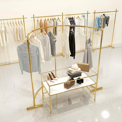 Jelimate High Quality Gold Display Shelf Furniture Stand Design for Garment Store Metal Clothing Display Rack Arc Clothing Display Stand Glass Desk Display Stand