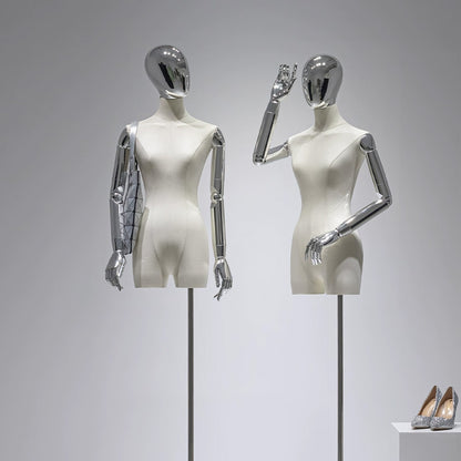 Torso de maniquí femenino de tamaño adulto de color beige de Jelimate con o sin cabeza, maniquí de vestir para mujer para exhibición en escaparates, modelo de hombros con manos plateadas y doradas