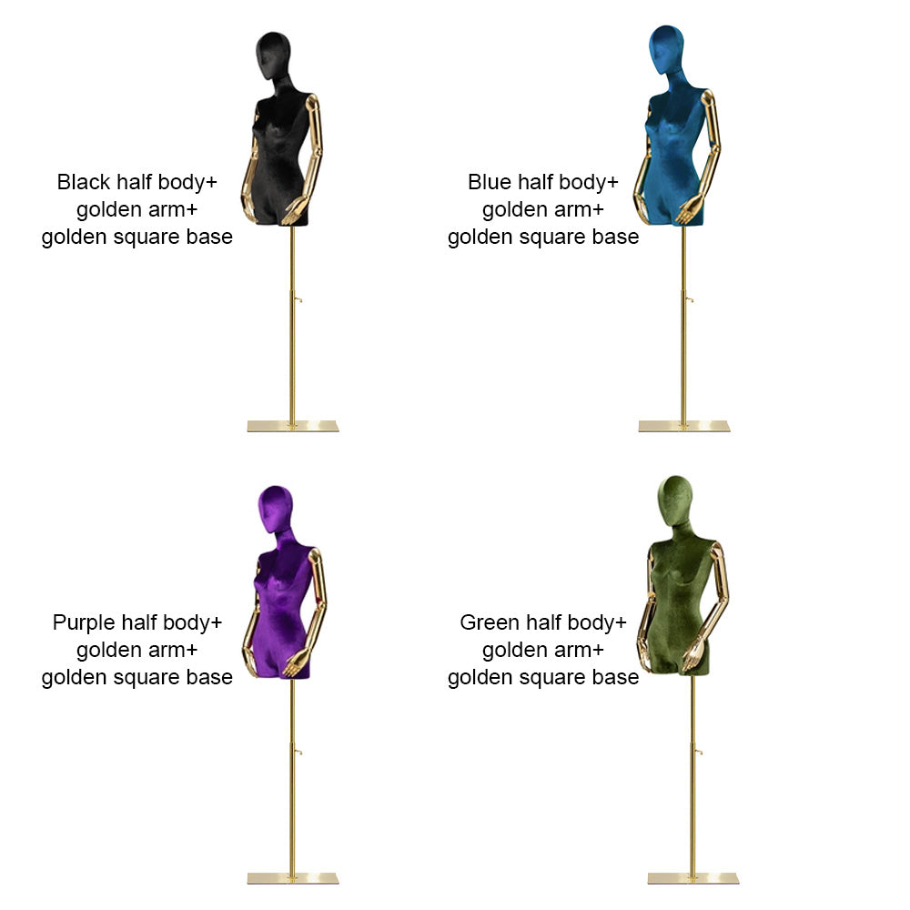 Jelimate Luxury Colorful Velvet Mannequin Torso,Female Mannequin Full Body Half Body Dress Form for Clothing Display Bust Model,Gold Arms Manikin Head For Wigs
