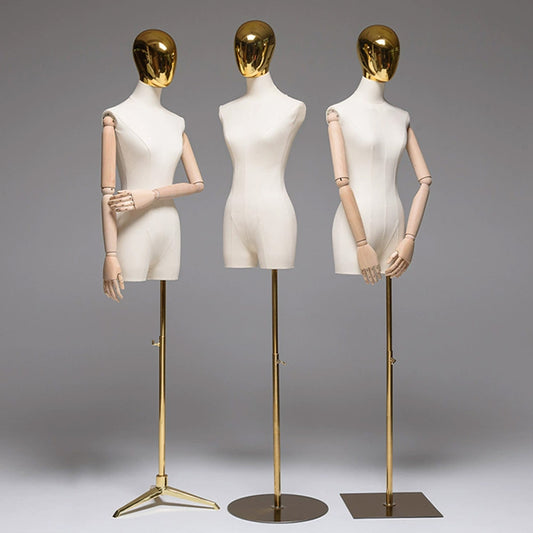 Jelimate Half Body Female Display Dress Form Torso,Linen Fabirc Wrapped Mannequin With Silver Gold Head,Beige Dress Form Clothing Display Model Props