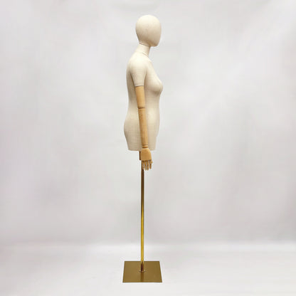 Jelimate Torso di manichino da esposizione per donna di lusso con coscia corta, torso in lino di bambù, modello di esposizione di abbigliamento, parrucca, testa, manichino, braccia in legno