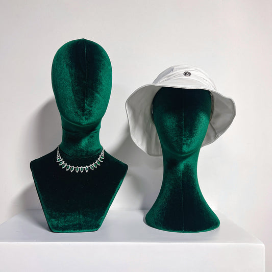 JELIMATE Luxurious Green Velvet Mannequin Head Model,Can Pinnable Cloth Mannequin Head Display Form Headband Stand,Female Head Mannequin For Wig Hat Jewelry Display Stand Sunglasses Holder Head Display Stand