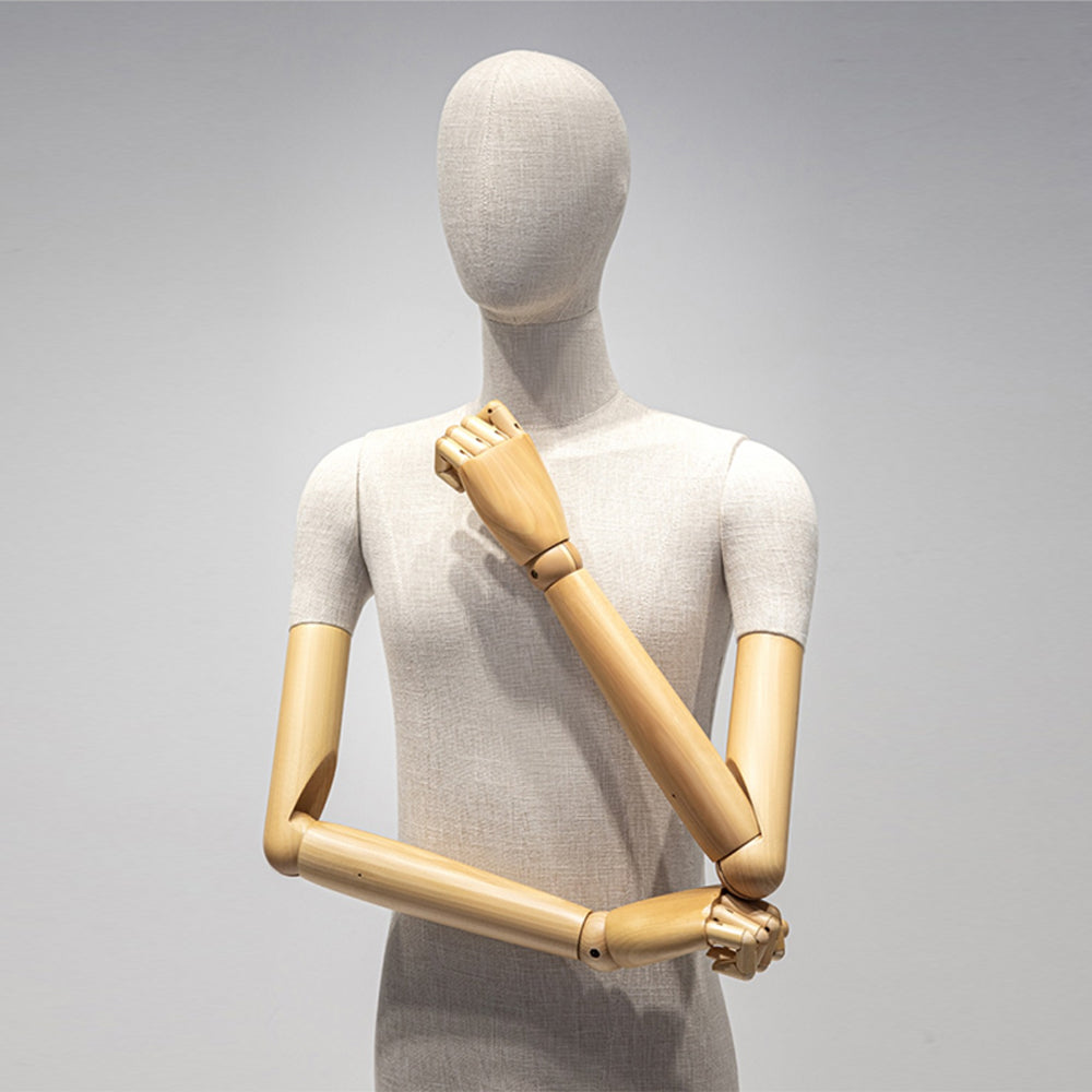 Jelimate Torso di manichino da esposizione per donna di lusso con coscia corta, torso in lino di bambù, modello di esposizione di abbigliamento, parrucca, testa, manichino, braccia in legno