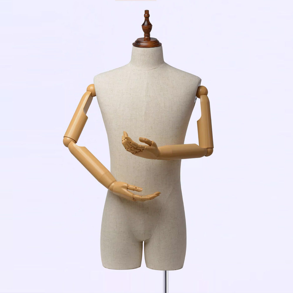 JELIMATE Half Body Male Mannequin Torso With Wooden Arms,Beige Linen Fabric Male Dress Form For Sewing,Suit Display Stand Clothing Display Mannequin Dummy