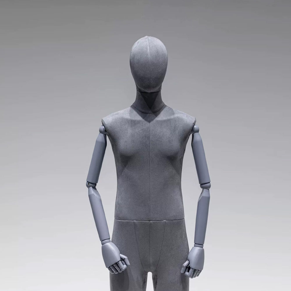 Fashion Full Body Adult Male Mannequin Torso Without/With Head,Grey Velvet Dress Form Model for Boutique Store Display,Manikin Torso with Wooden Arms