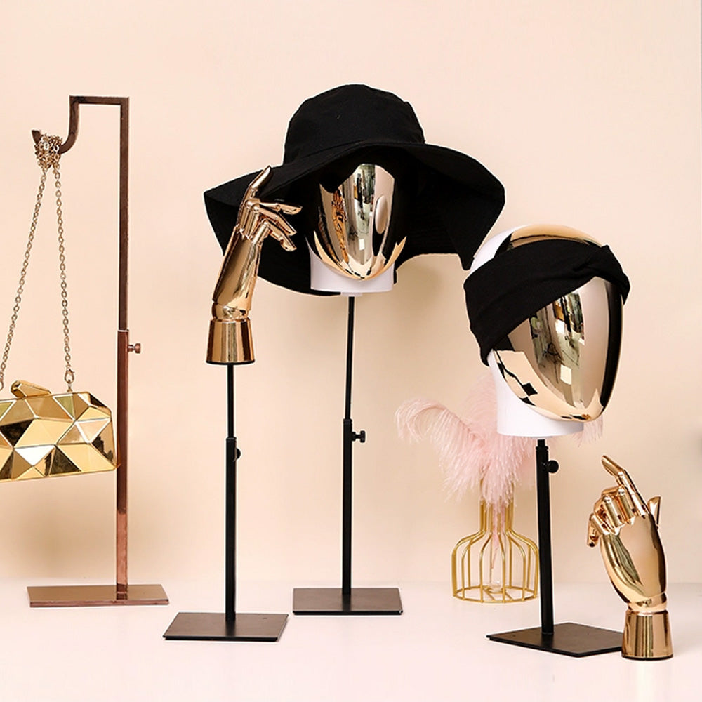 Jelimate High End Silver Gold Mannequin Head Stand,Window Display Golden Chrome Mannequin Hand,Hat Holder Wig Head Dress Form