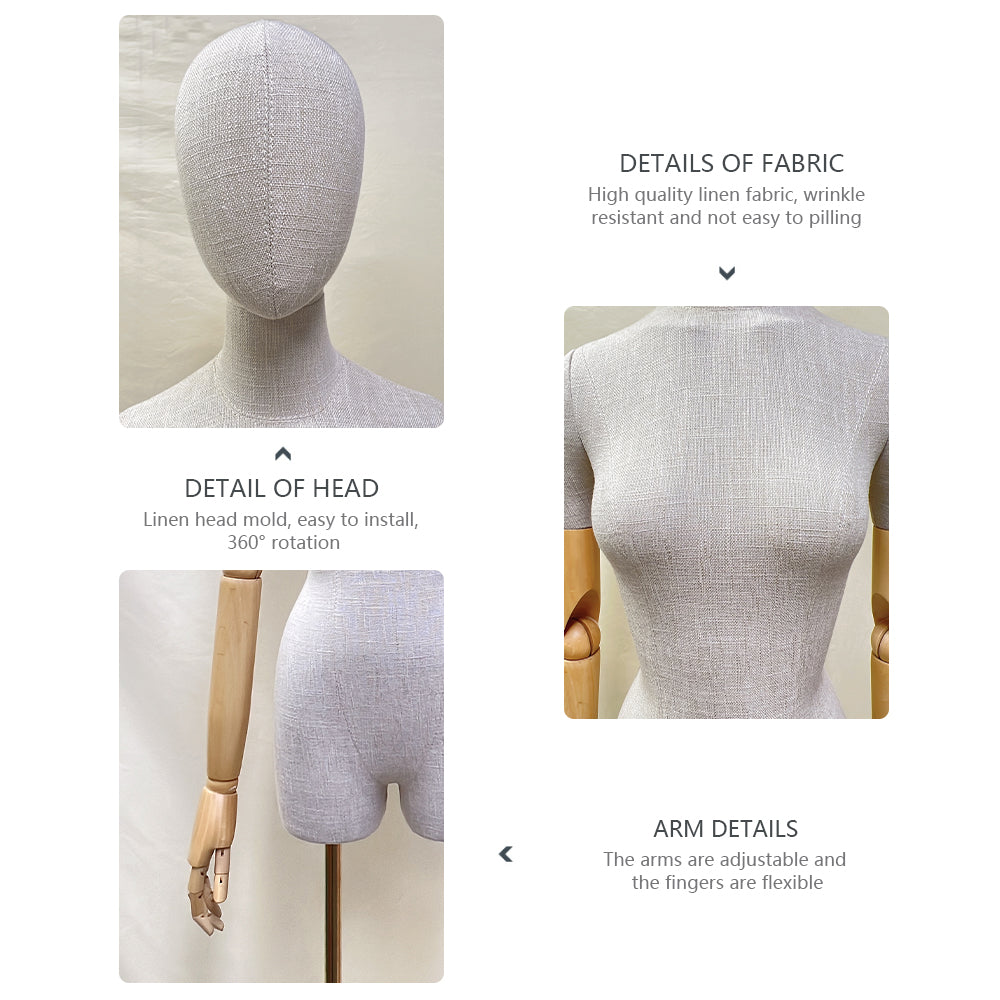 Jelimate Female Mannequin Torso,Grey Linen Mannequin Torso With Wooden Arms,Female Half Body Dress Form Mannequin,Clothing Store Window Display Mannequin,Bridal Shop Wedding Dress Mannequin JMFHB02