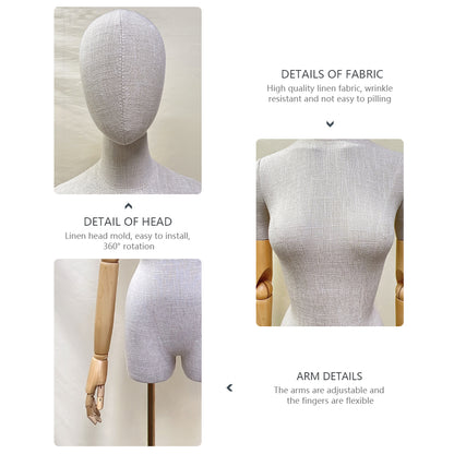 Jelimate Luxury Grey Linen Dress Form Female Mannequin Torso Display,Wedding Dress Mannequin Women Display Model,Clothing Display Dress Form Dummy Head Manikin Torso With Wooden Arms