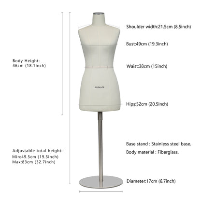 JELIMATE Half Scale Female Dress Form(Not Adult Full Size),1:2 Miniature Sewing Half Size Mannequin Not Fully Pinable Dressmaker Dummy,46cm Body Height Female Torso Tailor Model Size 12