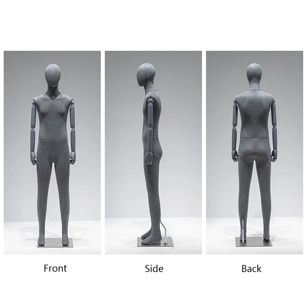 Fashion Full Body Adult Male Mannequin Torso Without/With Head,Grey Velvet Dress Form Model for Boutique Store Display,Manikin Torso with Wooden Arms