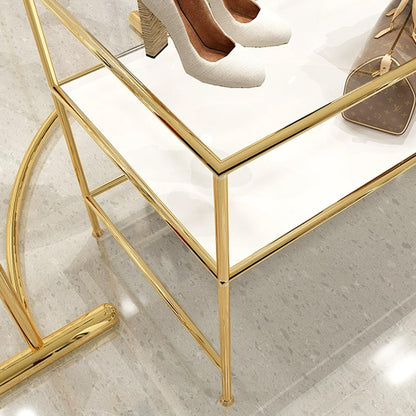 Jelimate High Quality Gold Display Shelf Furniture Stand Design for Garment Store Metal Clothing Display Rack Arc Clothing Display Stand Glass Desk Display Stand