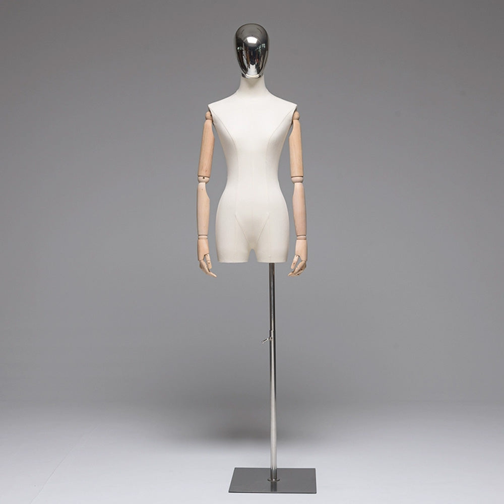 Jelimate Half Body Female Display Dress Form Torso,Linen Fabirc Wrapped Mannequin With Silver Gold Head,Beige Dress Form Clothing Display Model Props