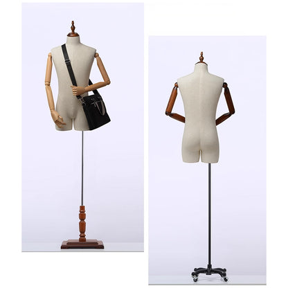 JELIMATE Half Body Male Mannequin Torso With Wooden Arms,Beige Linen Fabric Male Dress Form For Sewing,Suit Display Stand Clothing Display Mannequin Dummy