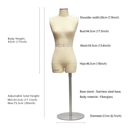 Maniquí de costura para mujer en miniatura de JELIMATE con muslo corto y brazos suaves, maniquí de sastre de altura ajustable, maniquí de costura a media escala, color beige, talla 8