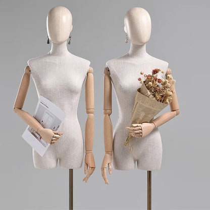 Jelimate High End Female Mannequin Torso With Wooden Arms,Grey Linen Dress Form Clothing Display Model Props,Wooden Mannequin Head with Earring Hole