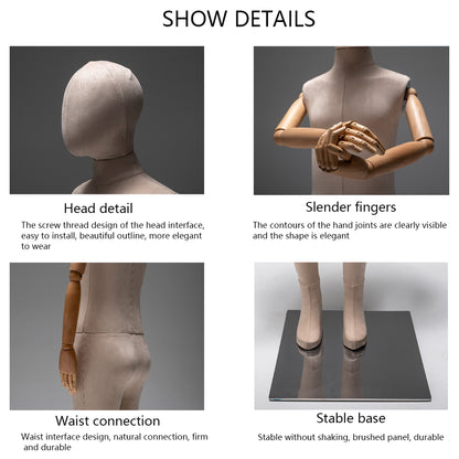 Jelimate Luxury Male Kid Female Velvet Mannequin Full Body with Wooden Arms,Window Display Dress Form Brand Model,Manikin Head Display Dummy