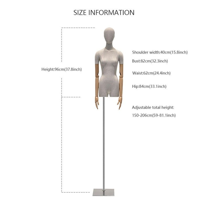 Jelimate Female Mannequin Torso,Grey Linen Mannequin Torso With Wooden Arms,Female Half Body Dress Form Mannequin,Clothing Store Window Display Mannequin,Bridal Shop Wedding Dress Mannequin JMFHB02