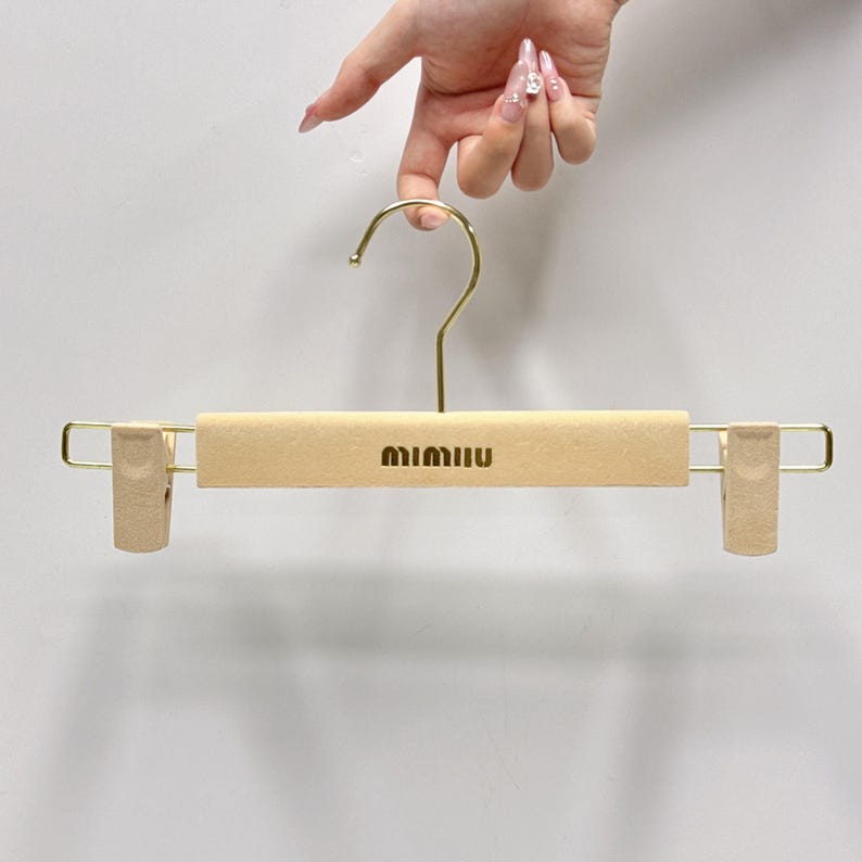 Jelimate Beige Velvet Clothing Hanger/Pant Hanger,Hollow Shoulder Non-slip Flocking Plastic Hanger,Customize Logo Top Bottom Clips Hangers,Clothing Store Suit Shirt Dress Hanger Space Saving Clothes Display Rack