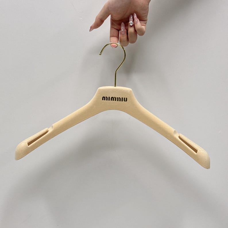 Jelimate Beige Velvet Clothing Hanger/Pant Hanger,Hollow Shoulder Non-slip Flocking Plastic Hanger,Customize Logo Top Bottom Clips Hangers,Clothing Store Suit Shirt Dress Hanger Space Saving Clothes Display Rack