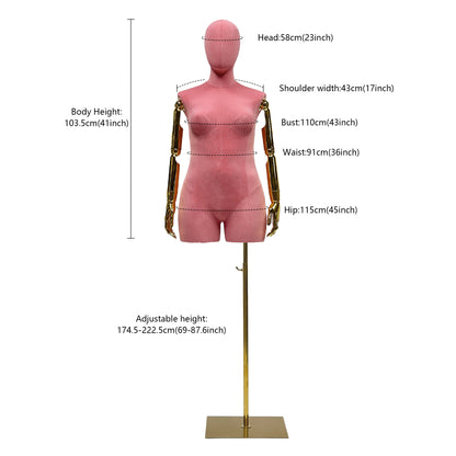 Jelimate Luxury Female Plus Size Mannequin With Gold Arms,Colorful Suede Dress Form Mannequin Torso Display Dress Form,Plus Size Dress Form Clothing Display Model