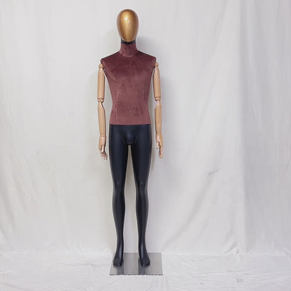 Jelimate High End Male Female Full Body Display Mannequin,Upper Bust Wrapping Brown Velvet Bottom Leg Painting Matte Black Dress Form with Wooden Arms