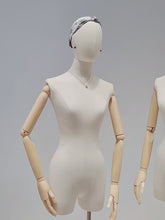 Load and play video in Gallery viewer, Jelimate Adult Size Half Body Female Linen Mannequin Stand,Clothing Display Mannequin Torso Dress Form,Store Window Fabric Cover Women Model Manikin
