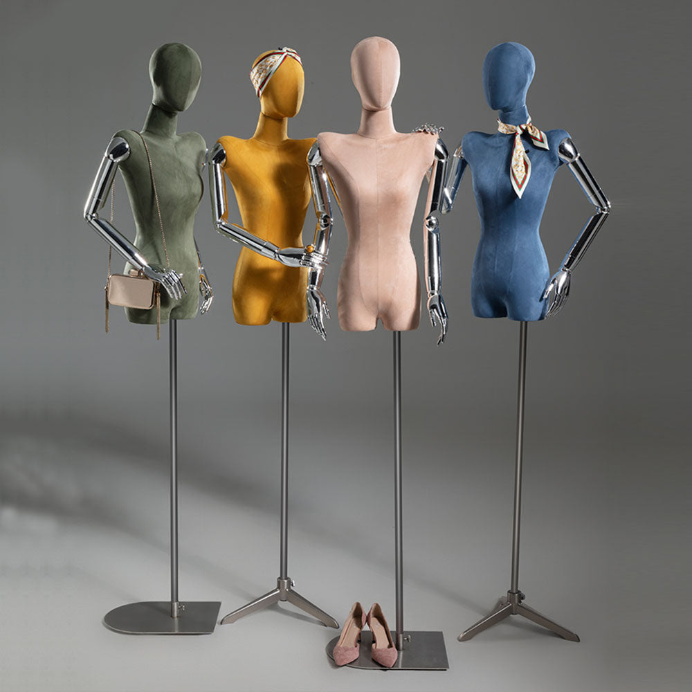 Half Body Female Colored Velvet Mannequin Torso Clothing Store Upper Body Fashion Lady Display Dress Form Torso Silver Mannequin Hand Wig Head Dummy