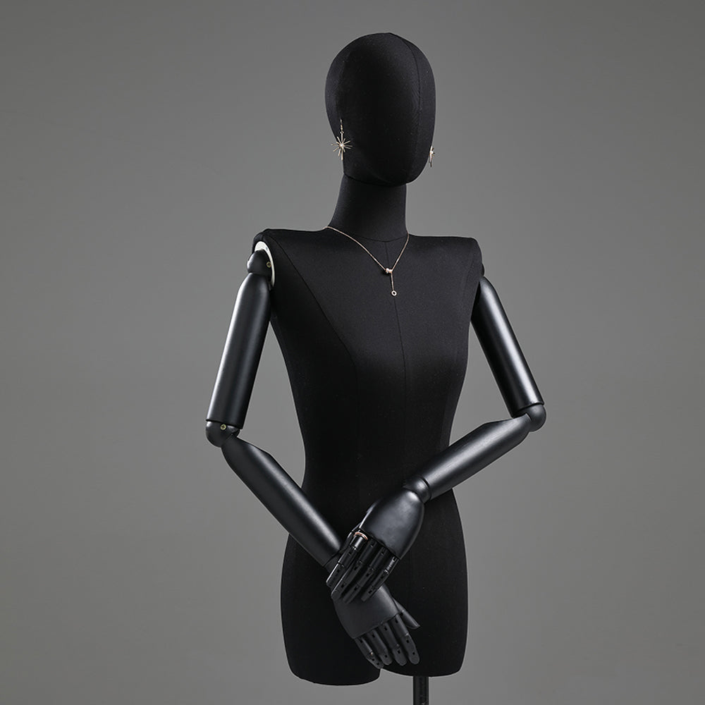Half Body Female Display Dress Form Mannequin,Black Linen Fabric Mannequin Torso,Wooden Mannequin Arms,Clothing Mannequin Jewelry Holder Hat Holder