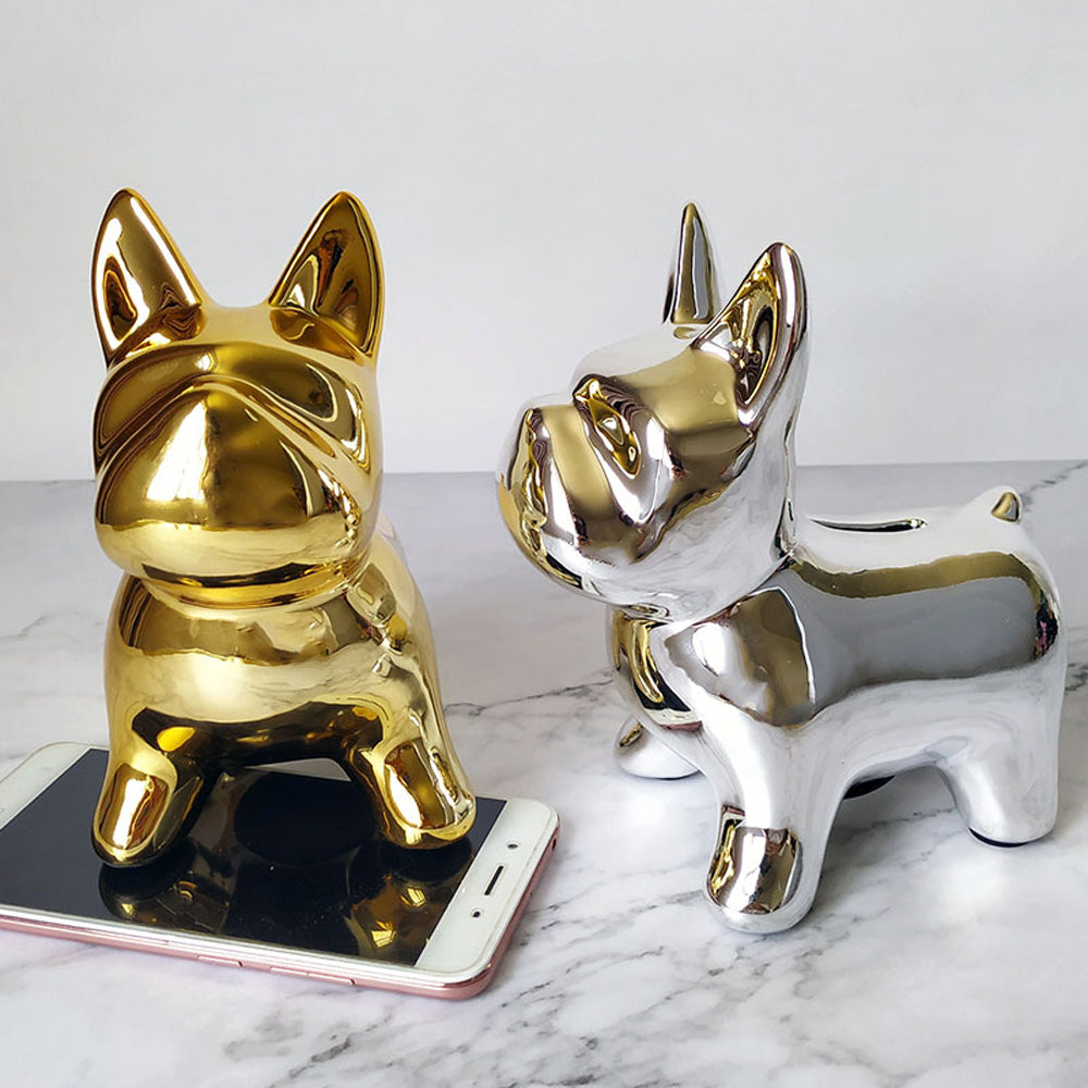 Jelimate Galvanotecnica Manichino per cani Ornamento per animali Animale colorato Bulldog francese Cucciolo Salvadanaio Decorazione europea di lusso per soggiorno