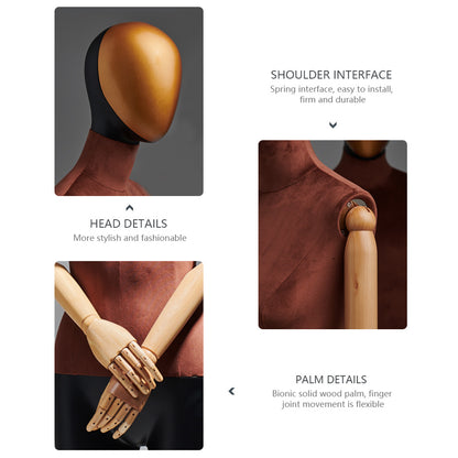 Jelimate High End Male Female Full Body Display Mannequin,Upper Bust Wrapping Brown Velvet Bottom Leg Painting Matte Black Dress Form with Wooden Arms