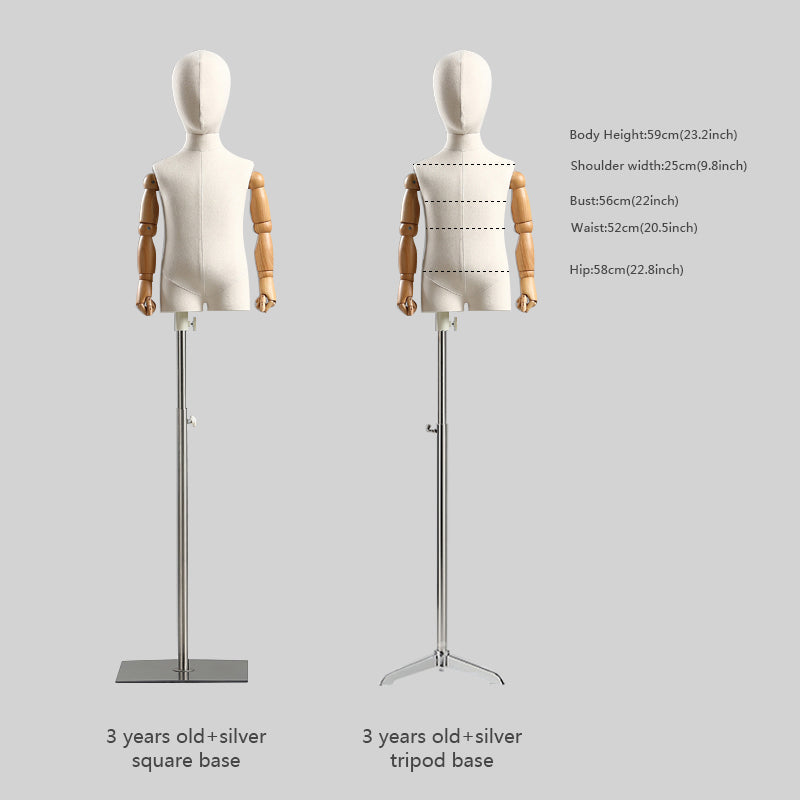 Jelimate Clothing Store Beige Kid Mannequin Torso Display,Canvas Mannequin Fabric Dress Form,Clothing Dress Form Child Model Wooden Arms Manikin Head
