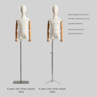 Jelimate Clothing Store Beige Kid Mannequin Torso Display,Canvas Mannequin Fabric Dress Form,Clothing Dress Form Child Model Wooden Arms Manikin Head