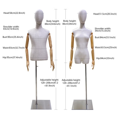 Jelimate High End Male Female Torso Mannequin With Wooden Arms,Bamboo Hemp Mannequin Full Body Half Body,Jewelry Wedding Dress Clothing Display Dress Form