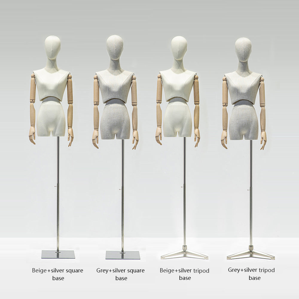 Jelimate Half Quality Female Display Mannequin Torso With Wooden Arms Sexy Waist Gray Beige Linen Fabric Dress Form Model Clothing Dress Form Display Dummy
