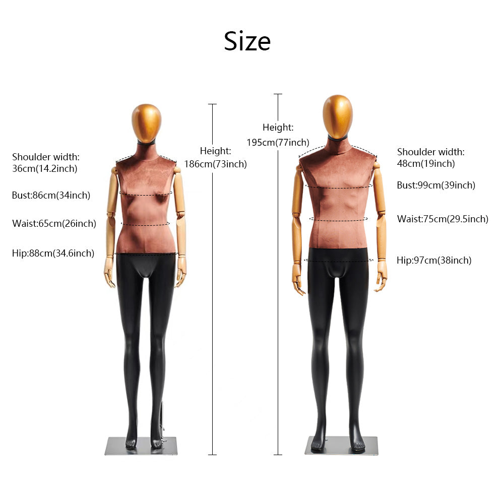 Jelimate High End Male Female Full Body Display Mannequin,Upper Bust Wrapping Brown Velvet Bottom Leg Painting Matte Black Dress Form with Wooden Arms