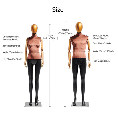 Jelimate High End Male Female Full Body Display Mannequin,Upper Bust Wrapping Brown Velvet Bottom Leg Painting Matte Black Dress Form with Wooden Arms