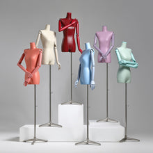 Load image into Gallery viewer, Jelimate Luxury Window Female Display Mannequin Torso With Color Wooden Arms Colorful Leather Fabric Mannequin Wedding Dress Clothing Display Dress Form
