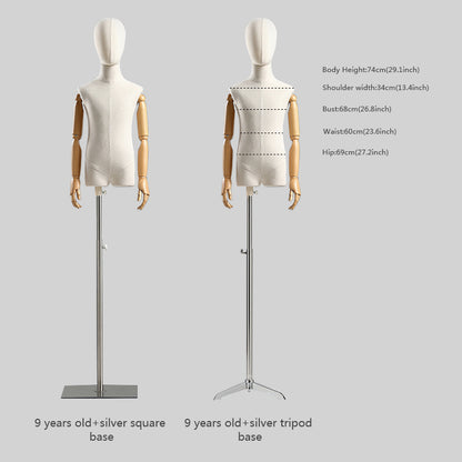 Jelimate Clothing Store Beige Kid Mannequin Torso Display,Canvas Mannequin Fabric Dress Form,Clothing Dress Form Child Model Wooden Arms Manikin Head