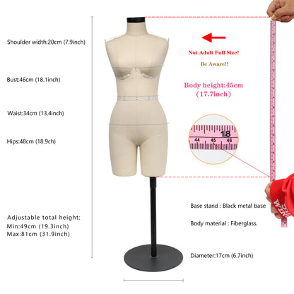 JELIMATE Female Half Scale Dress Form With Leg,Mini Sewing Lingerie and Corsets Mannequin For Sewing,Half Size Miniature Underwear Bust Form for Tailor,Not Adult Size Half Size Scale Form Size 34B