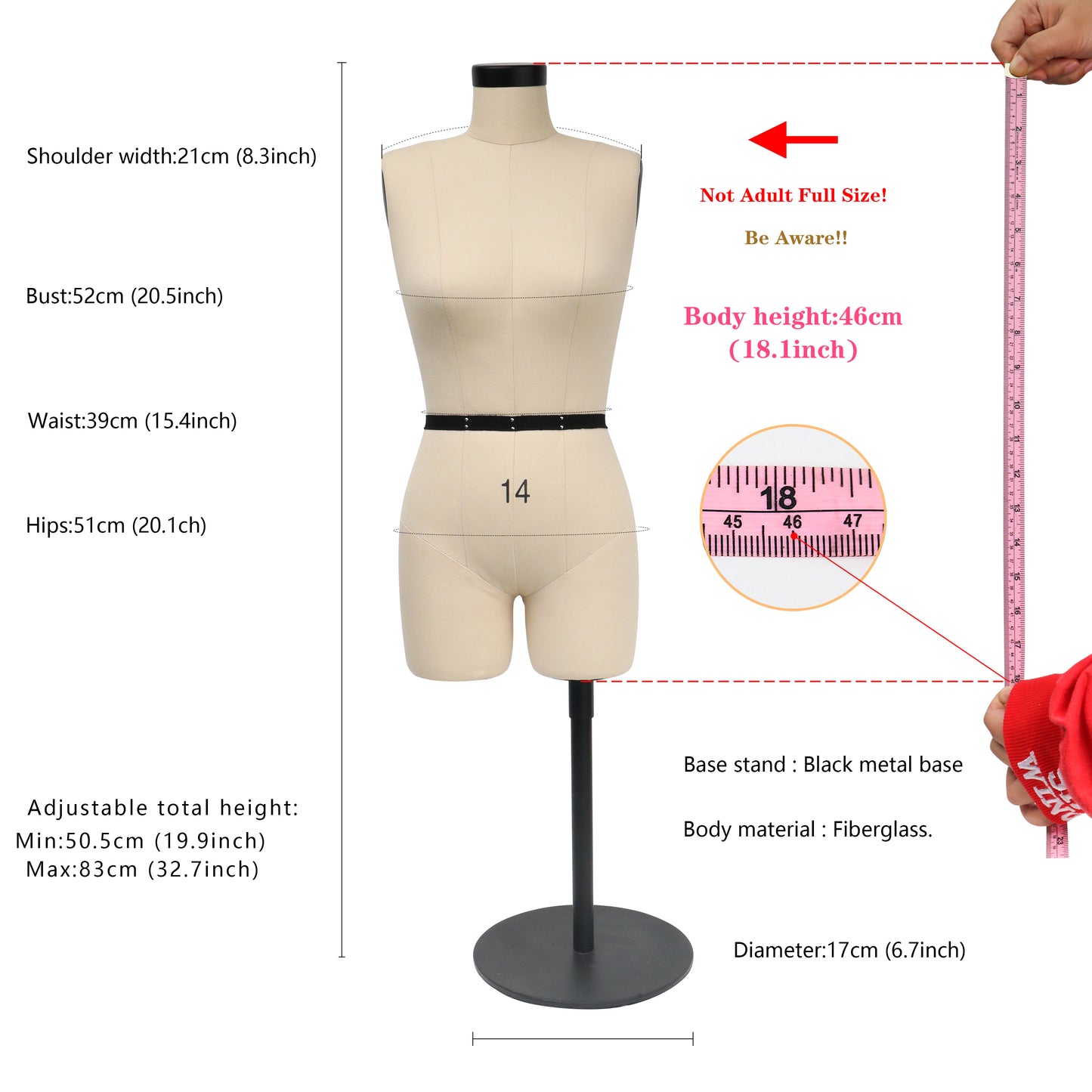 Jelimate Size 14 Female Half Scale Dress Form For Sewing,Mini Tailor Mannequin for Fashion Designer Pattern Making,Miniature Women Sewing Mannequin for Fashion School Draping Mannequin