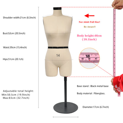 Jelimate Size 14 Female Half Scale Dress Form For Sewing,Mini Tailor Mannequin for Fashion Designer Pattern Making,Miniature Women Sewing Mannequin for Fashion School Draping Mannequin