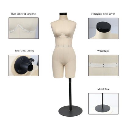 JELIMATE Female Half Scale Dress Form With Leg,Mini Sewing Lingerie and Corsets Mannequin For Sewing,Half Size Miniature Underwear Bust Form for Tailor,Not Adult Size Half Size Scale Form Size 34B