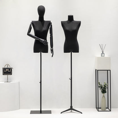 Half Body Female Display Dress Form Mannequin,Black Linen Fabric Mannequin Torso,Wooden Mannequin Arms,Clothing Mannequin Jewelry Holder Hat Holder