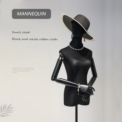 Maniquí de exhibición de medio cuerpo para mujer, torso de maniquí de lino negro, cabeza de maniquí de moda para pelucas, soporte para sombreros y joyas